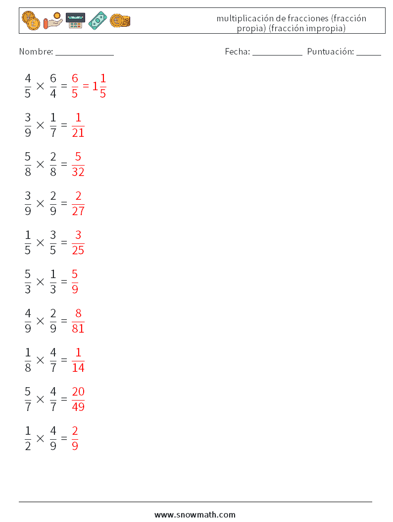 (10) multiplicación de fracciones (fracción propia) (fracción impropia) Hojas de trabajo de matemáticas 5 Pregunta, respuesta