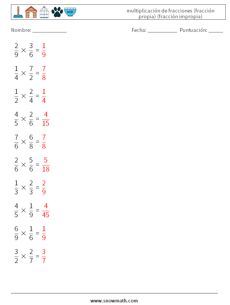 (10) multiplicación de fracciones (fracción propia) (fracción impropia) Hojas de trabajo de matemáticas 7 Pregunta, respuesta