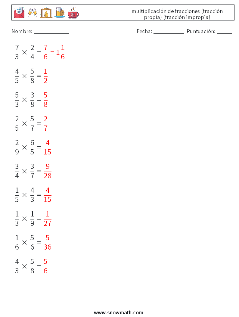 (10) multiplicación de fracciones (fracción propia) (fracción impropia) Hojas de trabajo de matemáticas 9 Pregunta, respuesta