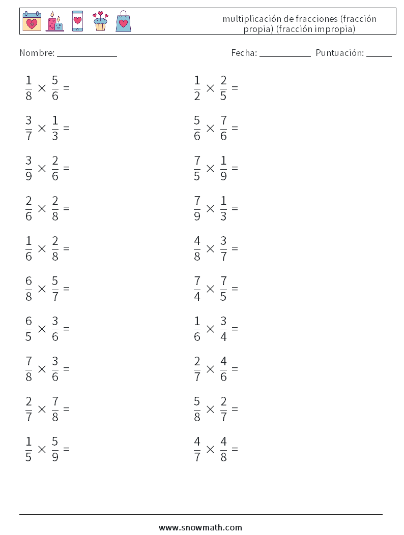 (20) multiplicación de fracciones (fracción propia) (fracción impropia) Hojas de trabajo de matemáticas 10