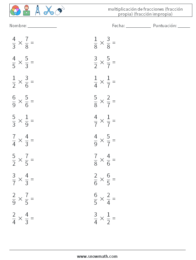 (20) multiplicación de fracciones (fracción propia) (fracción impropia) Hojas de trabajo de matemáticas 11