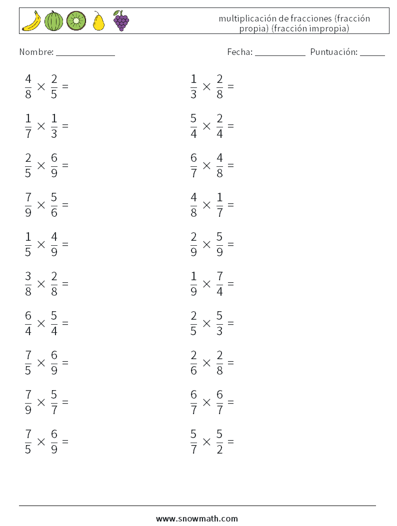 (20) multiplicación de fracciones (fracción propia) (fracción impropia) Hojas de trabajo de matemáticas 12