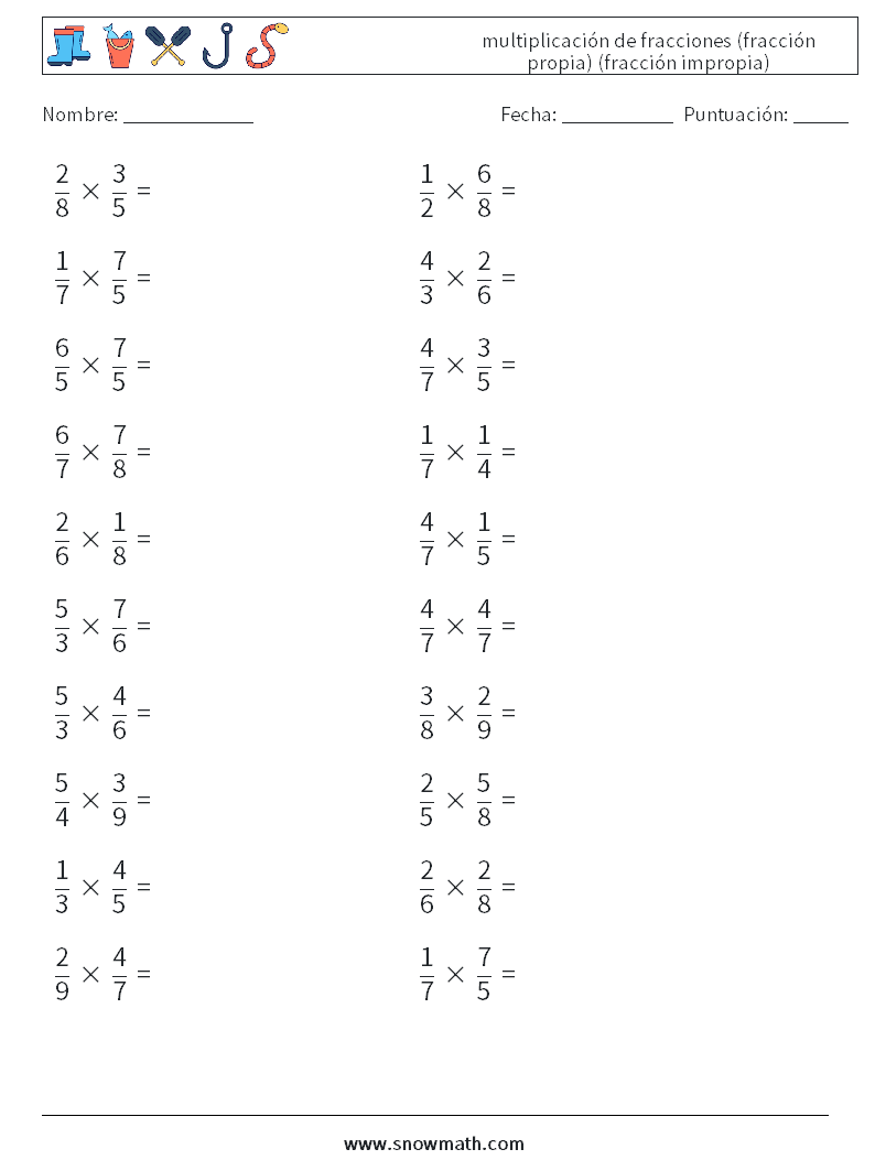 (20) multiplicación de fracciones (fracción propia) (fracción impropia) Hojas de trabajo de matemáticas 13