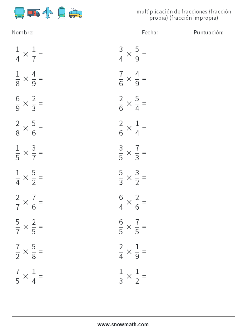 (20) multiplicación de fracciones (fracción propia) (fracción impropia) Hojas de trabajo de matemáticas 14