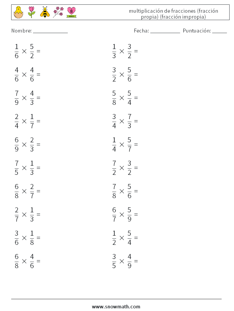 (20) multiplicación de fracciones (fracción propia) (fracción impropia) Hojas de trabajo de matemáticas 15