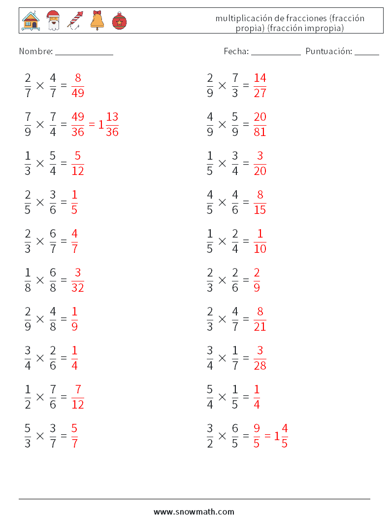 (20) multiplicación de fracciones (fracción propia) (fracción impropia) Hojas de trabajo de matemáticas 16 Pregunta, respuesta