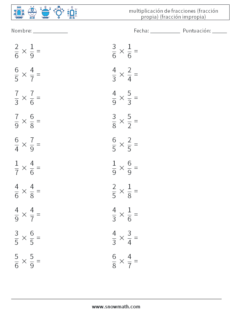 (20) multiplicación de fracciones (fracción propia) (fracción impropia) Hojas de trabajo de matemáticas 17