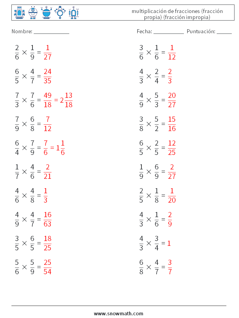 (20) multiplicación de fracciones (fracción propia) (fracción impropia) Hojas de trabajo de matemáticas 17 Pregunta, respuesta
