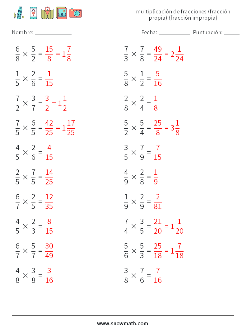 (20) multiplicación de fracciones (fracción propia) (fracción impropia) Hojas de trabajo de matemáticas 1 Pregunta, respuesta