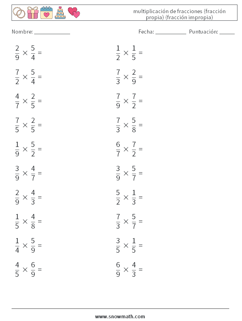 (20) multiplicación de fracciones (fracción propia) (fracción impropia) Hojas de trabajo de matemáticas 2