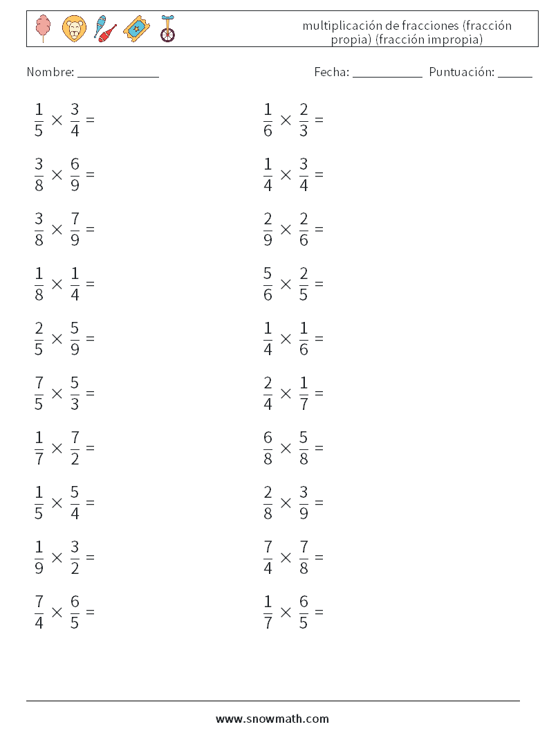 (20) multiplicación de fracciones (fracción propia) (fracción impropia) Hojas de trabajo de matemáticas 3