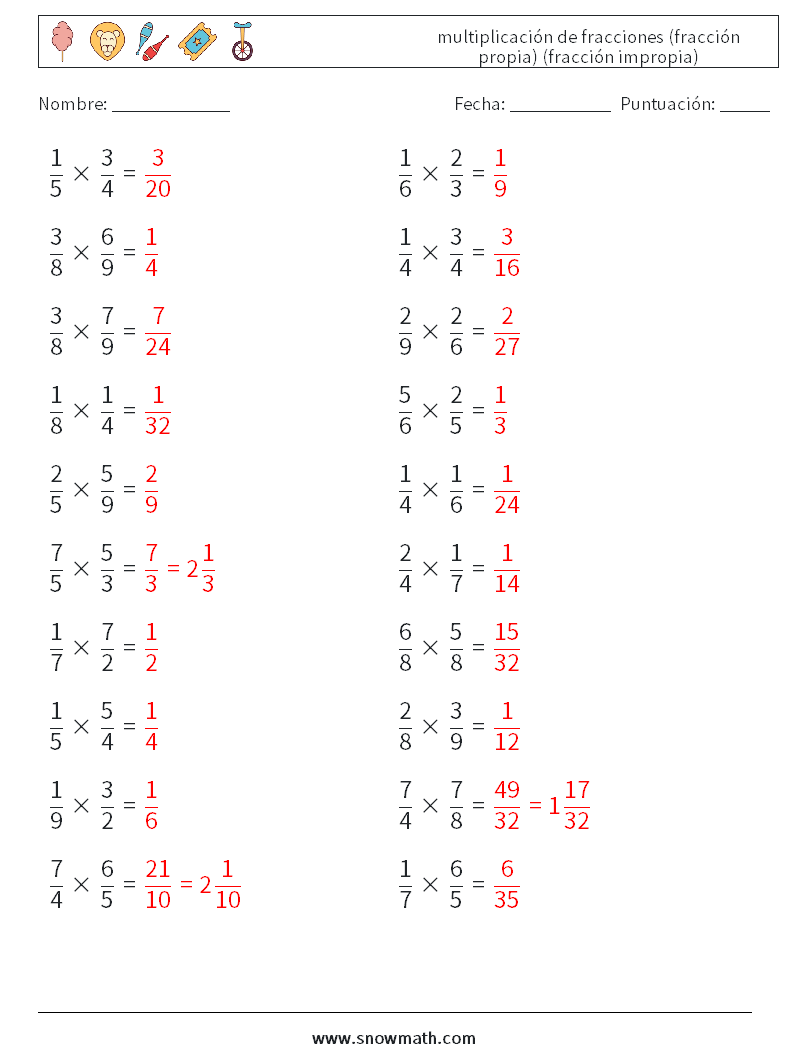 (20) multiplicación de fracciones (fracción propia) (fracción impropia) Hojas de trabajo de matemáticas 3 Pregunta, respuesta