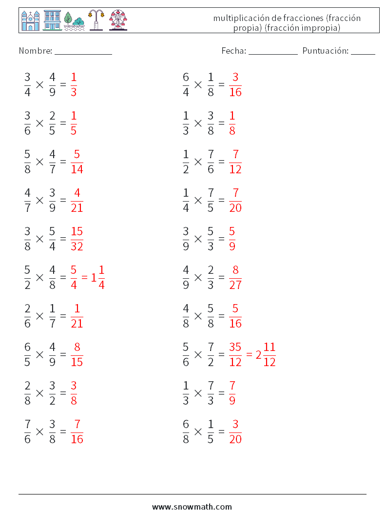 (20) multiplicación de fracciones (fracción propia) (fracción impropia) Hojas de trabajo de matemáticas 4 Pregunta, respuesta
