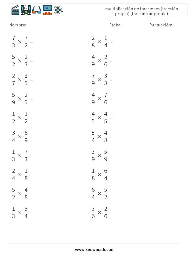 (20) multiplicación de fracciones (fracción propia) (fracción impropia) Hojas de trabajo de matemáticas 5