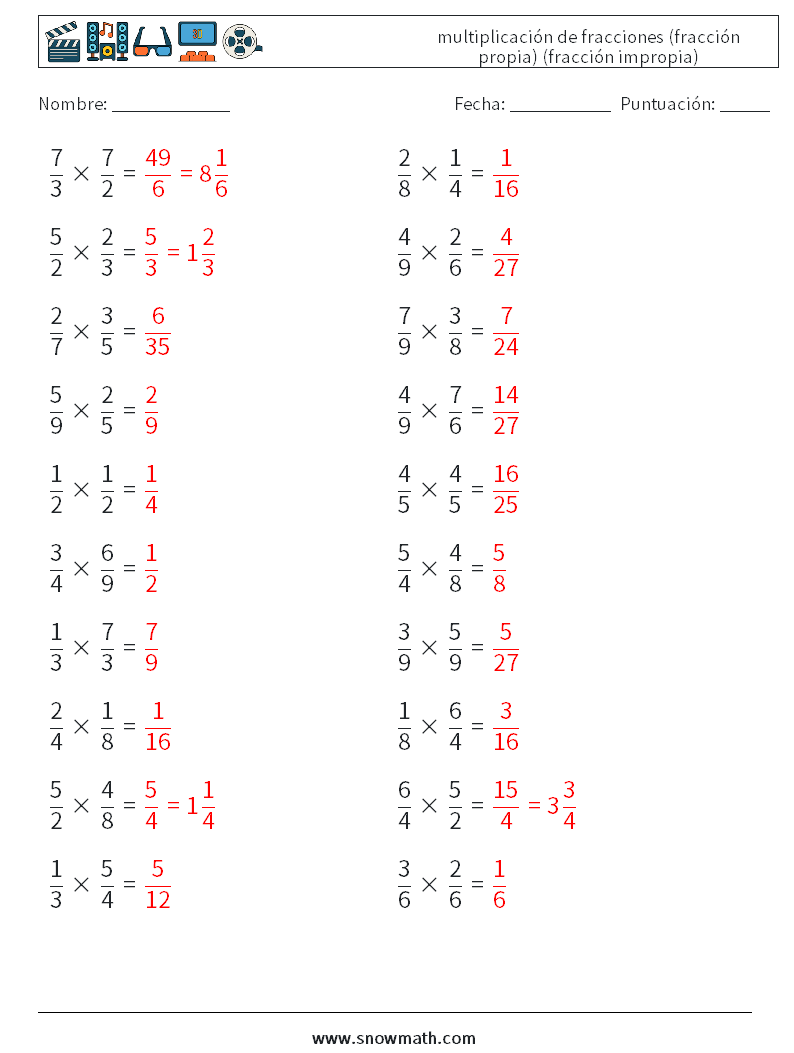 (20) multiplicación de fracciones (fracción propia) (fracción impropia) Hojas de trabajo de matemáticas 5 Pregunta, respuesta