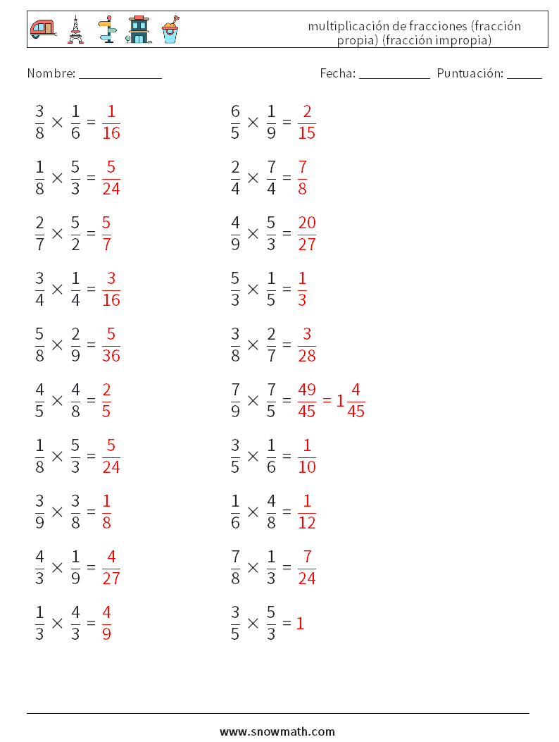 (20) multiplicación de fracciones (fracción propia) (fracción impropia) Hojas de trabajo de matemáticas 6 Pregunta, respuesta