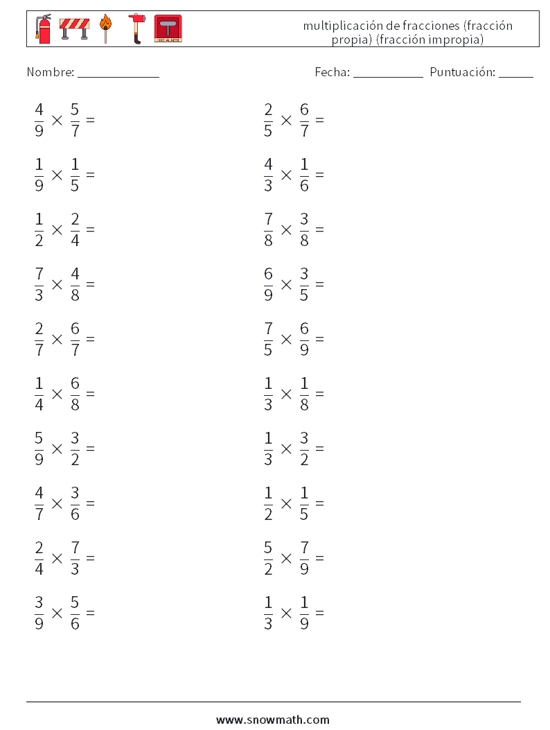 (20) multiplicación de fracciones (fracción propia) (fracción impropia) Hojas de trabajo de matemáticas 7