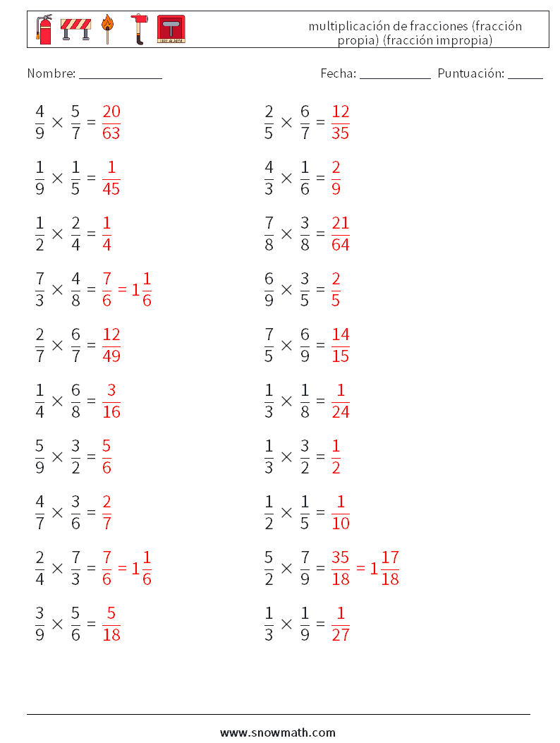 (20) multiplicación de fracciones (fracción propia) (fracción impropia) Hojas de trabajo de matemáticas 7 Pregunta, respuesta