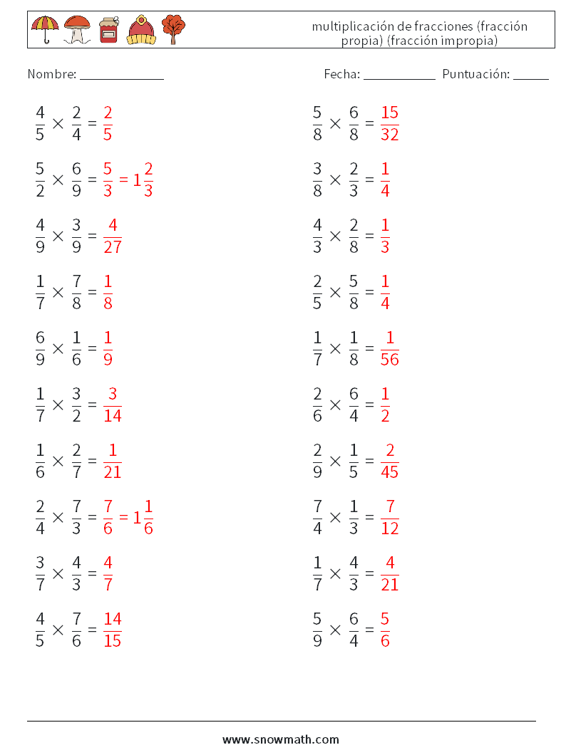 (20) multiplicación de fracciones (fracción propia) (fracción impropia) Hojas de trabajo de matemáticas 8 Pregunta, respuesta
