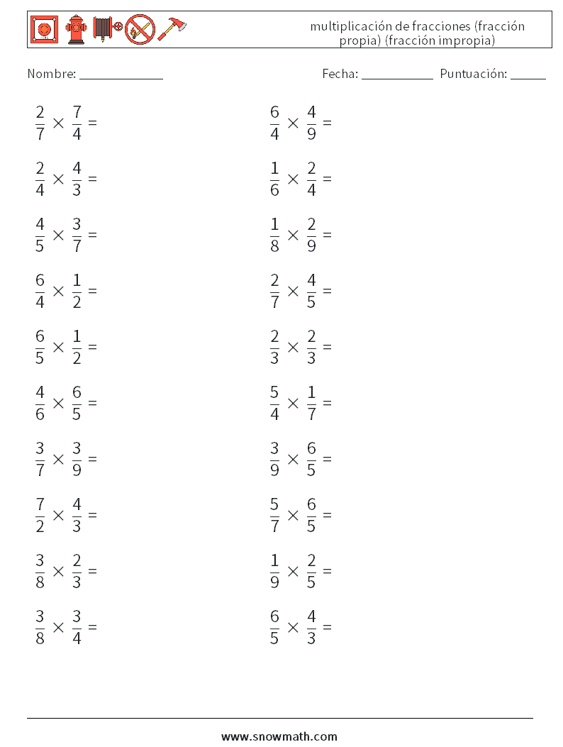 (20) multiplicación de fracciones (fracción propia) (fracción impropia) Hojas de trabajo de matemáticas 9