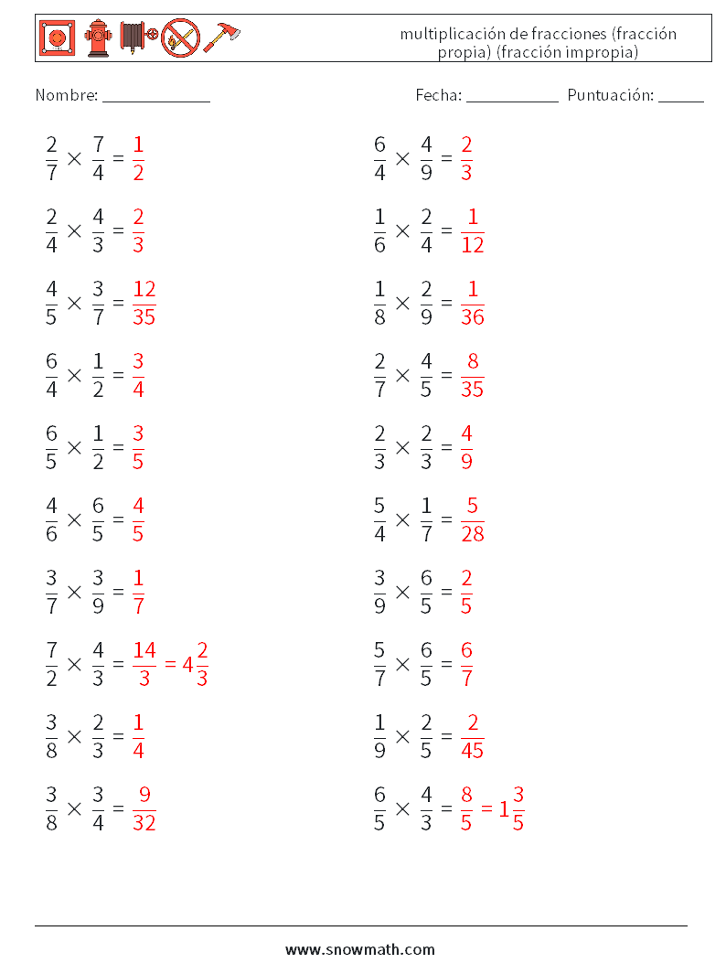 (20) multiplicación de fracciones (fracción propia) (fracción impropia) Hojas de trabajo de matemáticas 9 Pregunta, respuesta