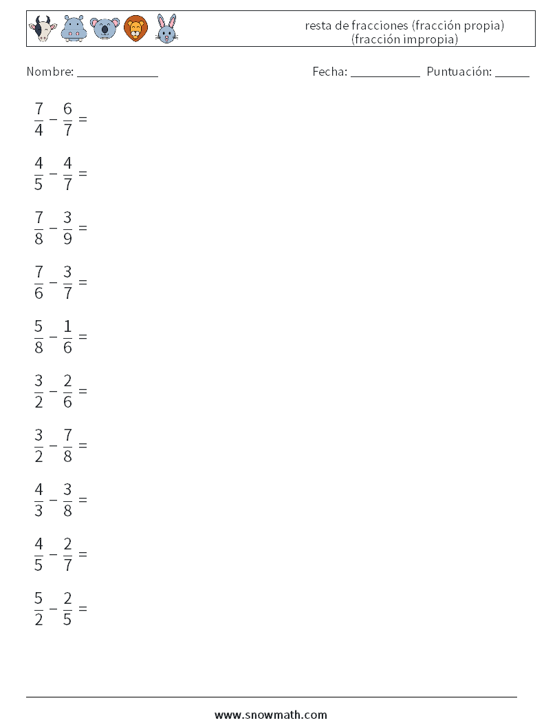 (10) resta de fracciones (fracción propia) (fracción impropia) Hojas de trabajo de matemáticas 10