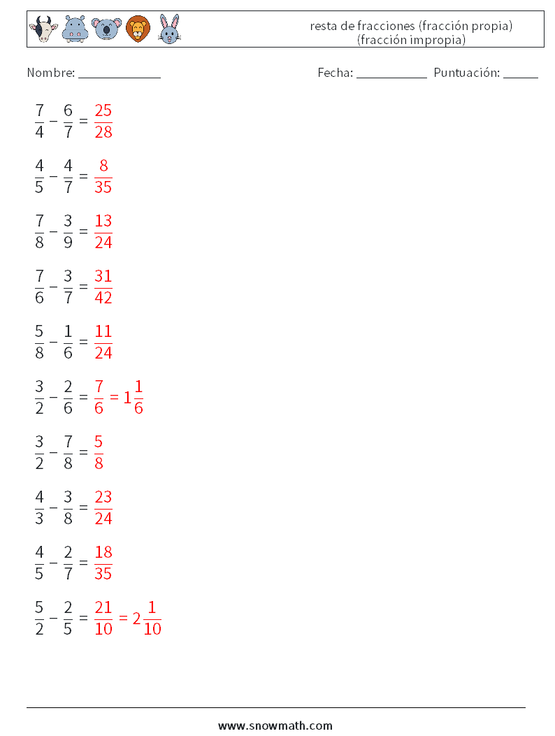 (10) resta de fracciones (fracción propia) (fracción impropia) Hojas de trabajo de matemáticas 10 Pregunta, respuesta