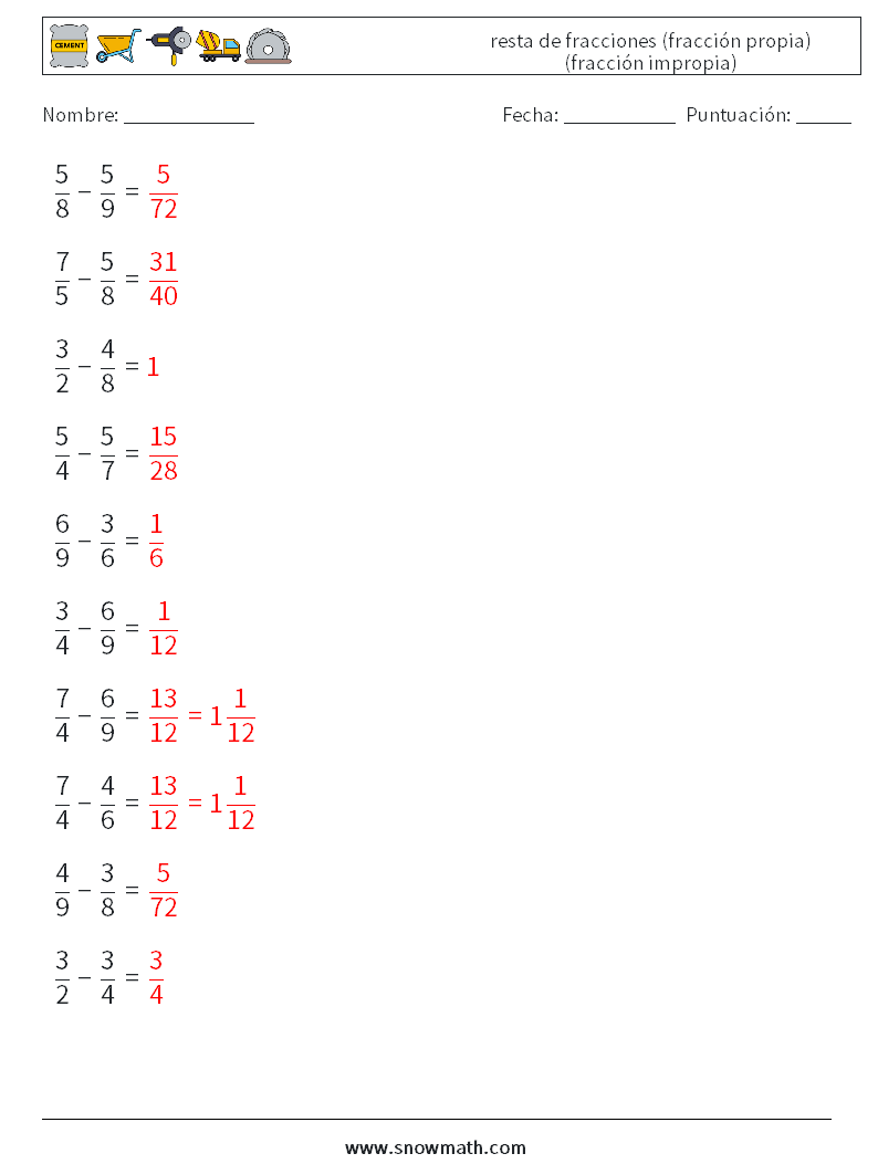 (10) resta de fracciones (fracción propia) (fracción impropia) Hojas de trabajo de matemáticas 12 Pregunta, respuesta