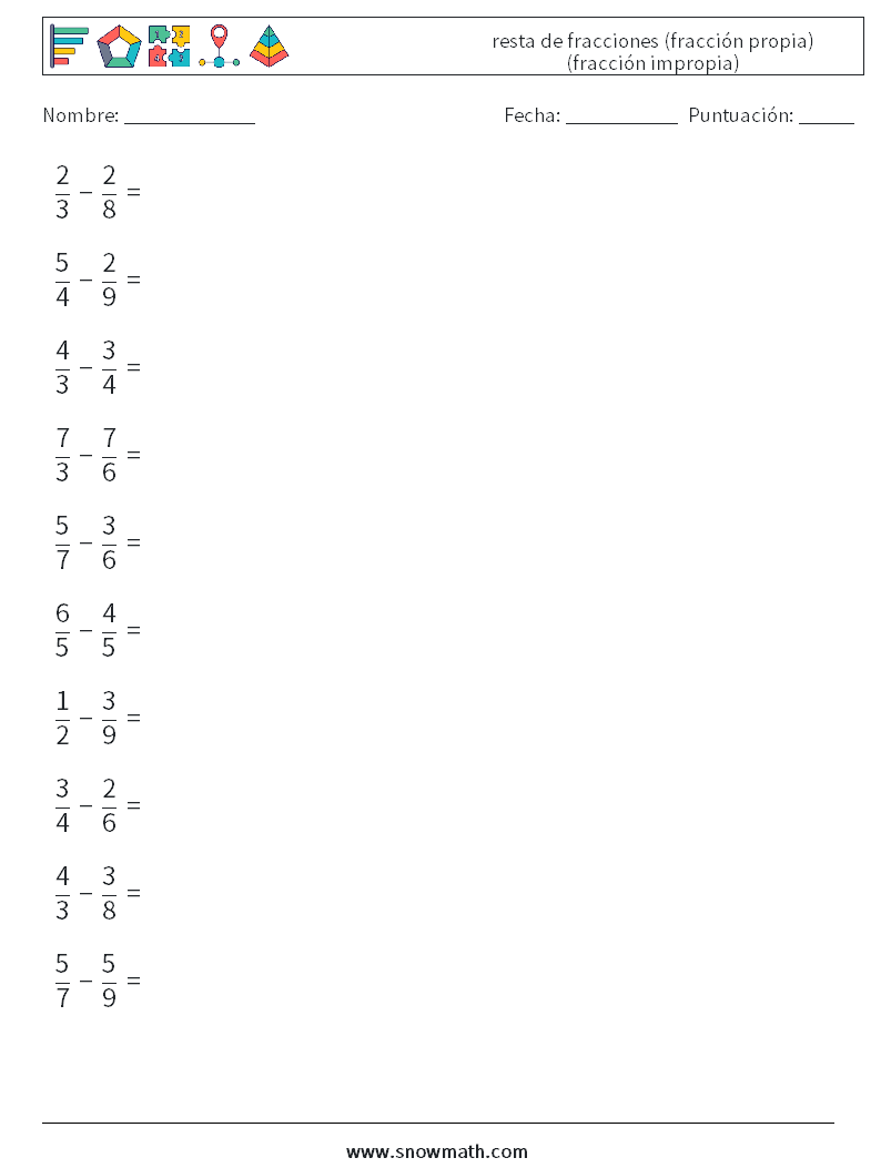 (10) resta de fracciones (fracción propia) (fracción impropia) Hojas de trabajo de matemáticas 13