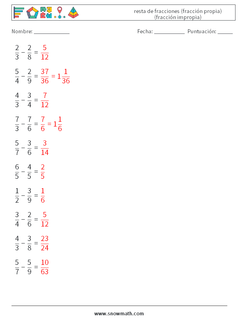 (10) resta de fracciones (fracción propia) (fracción impropia) Hojas de trabajo de matemáticas 13 Pregunta, respuesta