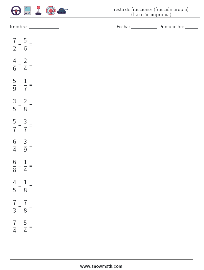 (10) resta de fracciones (fracción propia) (fracción impropia) Hojas de trabajo de matemáticas 14