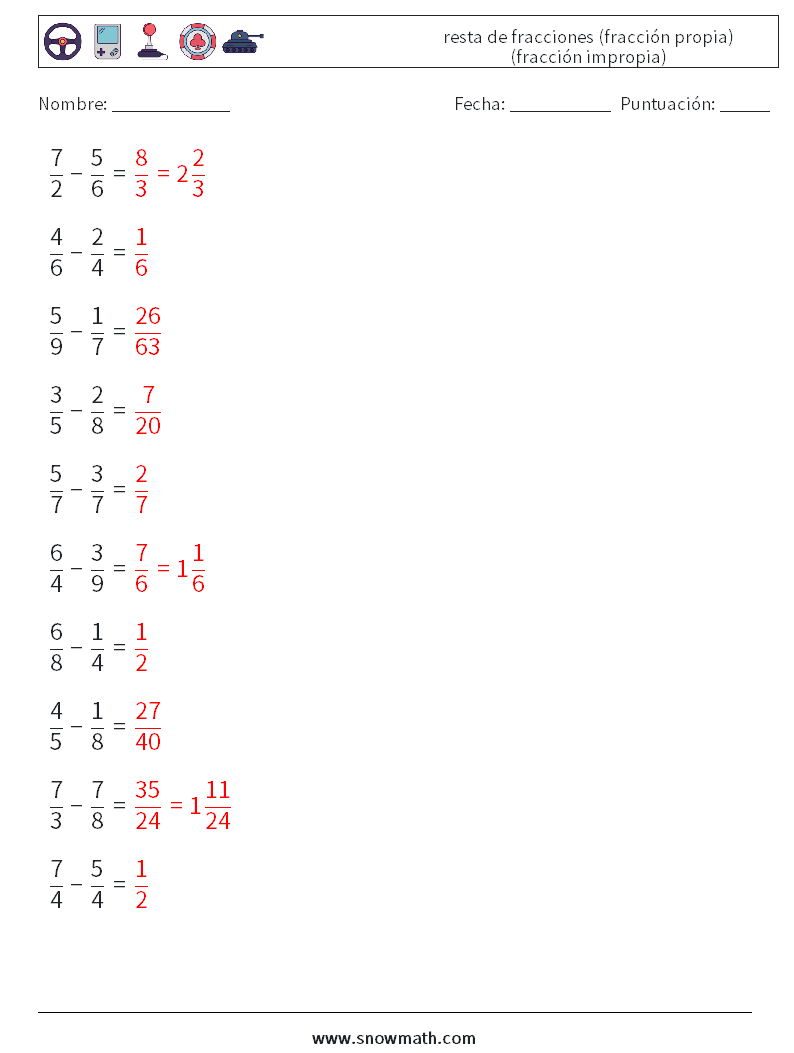 (10) resta de fracciones (fracción propia) (fracción impropia) Hojas de trabajo de matemáticas 14 Pregunta, respuesta