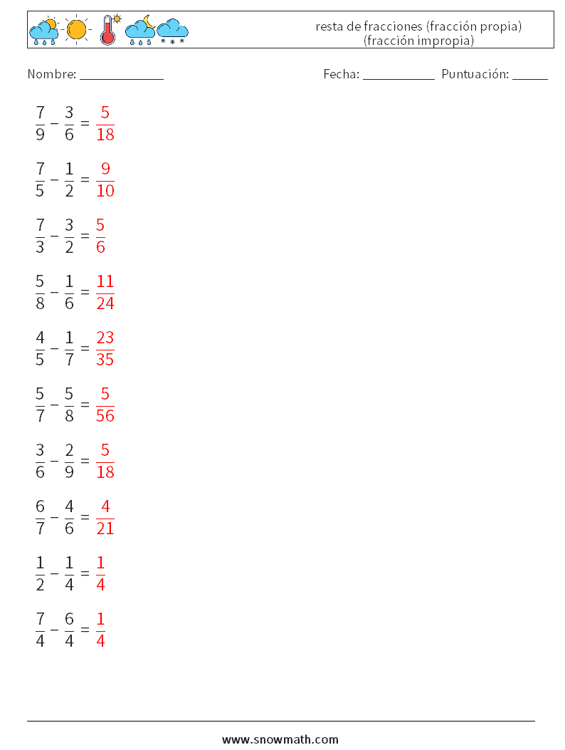 (10) resta de fracciones (fracción propia) (fracción impropia) Hojas de trabajo de matemáticas 15 Pregunta, respuesta