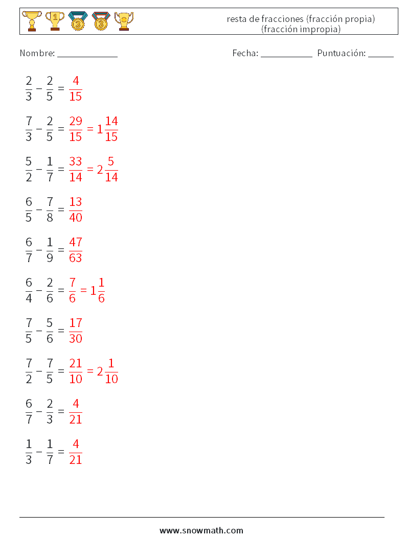 (10) resta de fracciones (fracción propia) (fracción impropia) Hojas de trabajo de matemáticas 16 Pregunta, respuesta