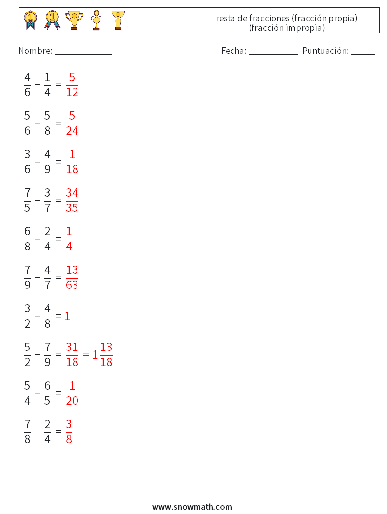 (10) resta de fracciones (fracción propia) (fracción impropia) Hojas de trabajo de matemáticas 17 Pregunta, respuesta