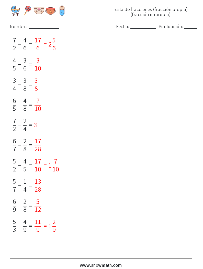 (10) resta de fracciones (fracción propia) (fracción impropia) Hojas de trabajo de matemáticas 18 Pregunta, respuesta