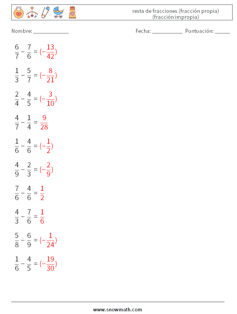 (10) resta de fracciones (fracción propia) (fracción impropia) Hojas de trabajo de matemáticas 1 Pregunta, respuesta