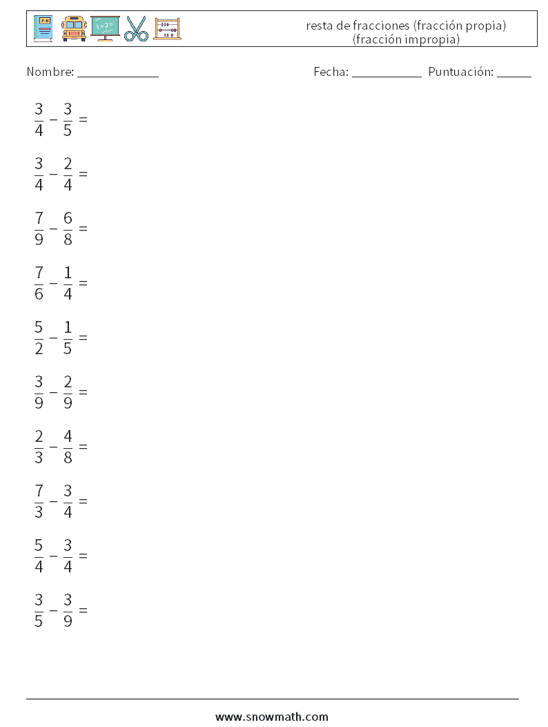 (10) resta de fracciones (fracción propia) (fracción impropia) Hojas de trabajo de matemáticas 2