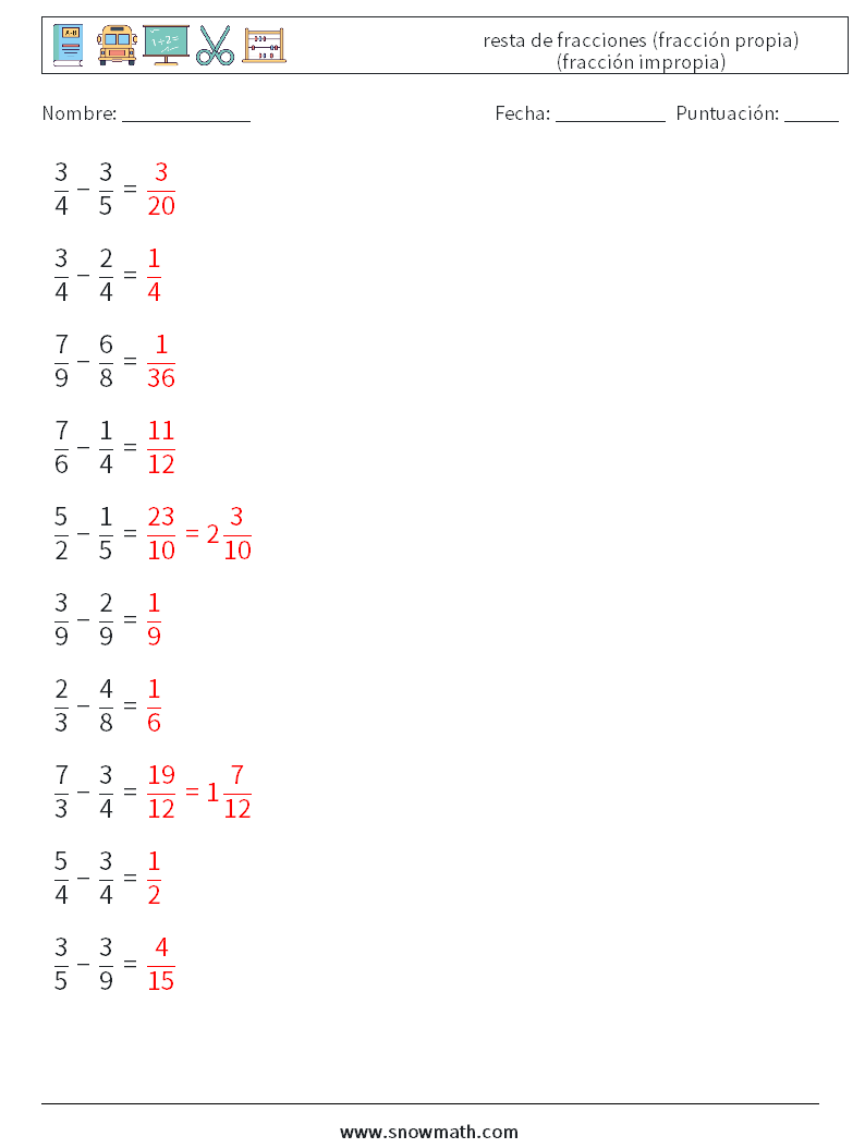 (10) resta de fracciones (fracción propia) (fracción impropia) Hojas de trabajo de matemáticas 2 Pregunta, respuesta