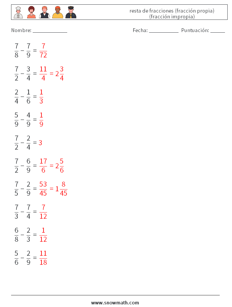 (10) resta de fracciones (fracción propia) (fracción impropia) Hojas de trabajo de matemáticas 3 Pregunta, respuesta