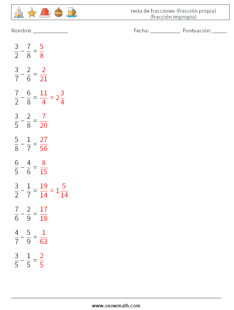 (10) resta de fracciones (fracción propia) (fracción impropia) Hojas de trabajo de matemáticas 4 Pregunta, respuesta