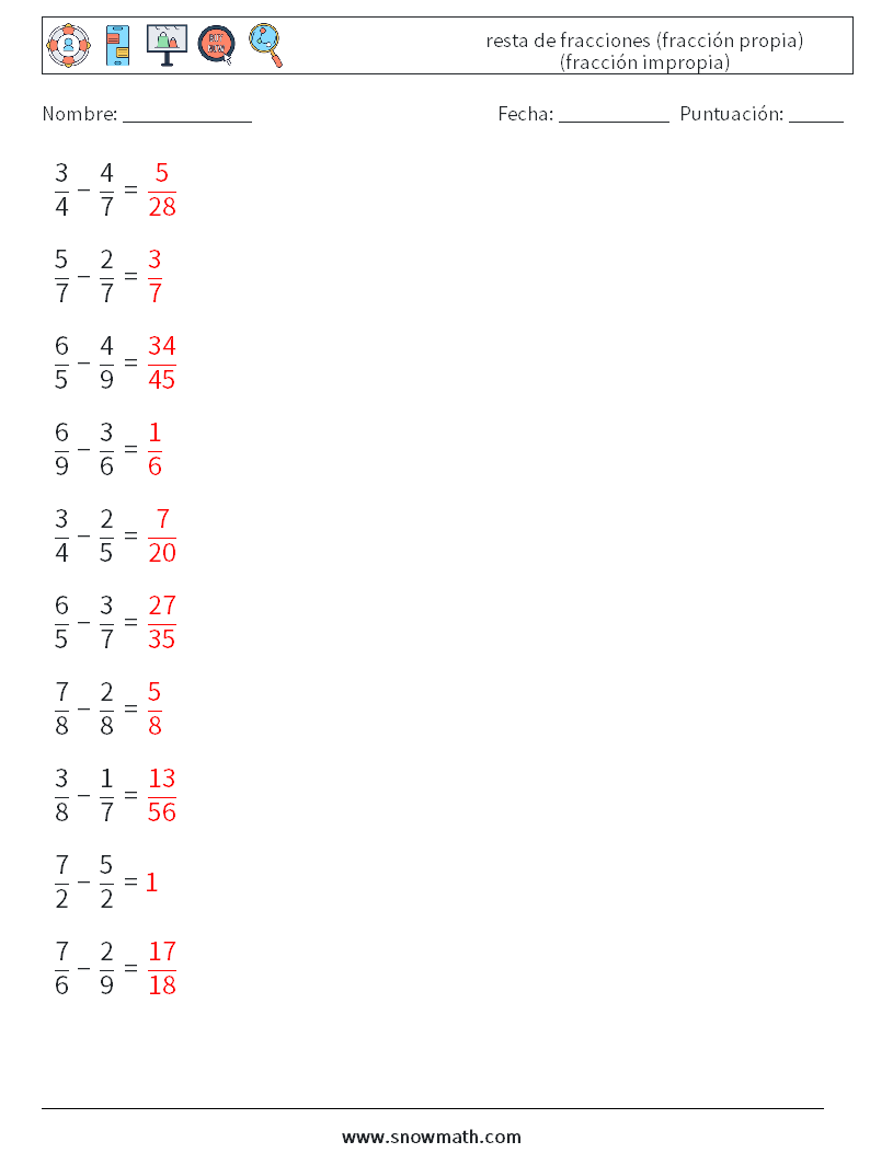 (10) resta de fracciones (fracción propia) (fracción impropia) Hojas de trabajo de matemáticas 5 Pregunta, respuesta