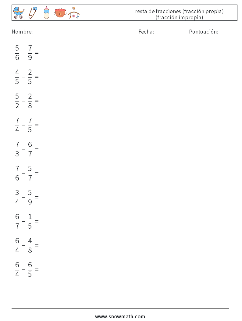 (10) resta de fracciones (fracción propia) (fracción impropia) Hojas de trabajo de matemáticas 6