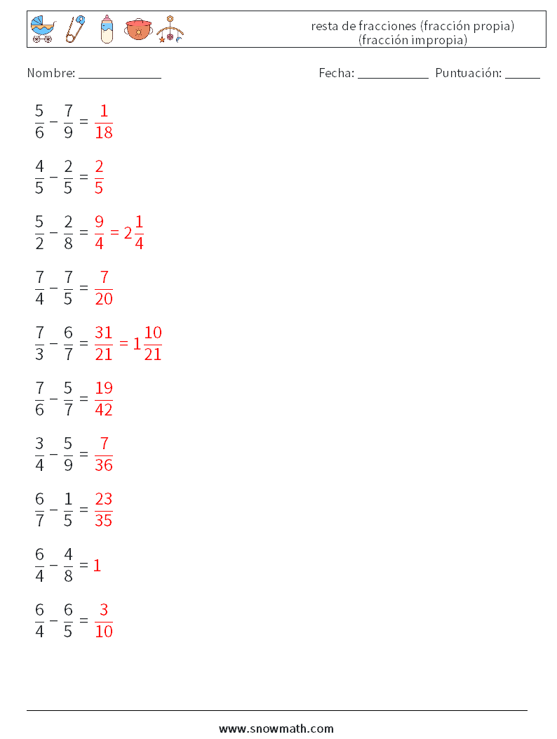 (10) resta de fracciones (fracción propia) (fracción impropia) Hojas de trabajo de matemáticas 6 Pregunta, respuesta