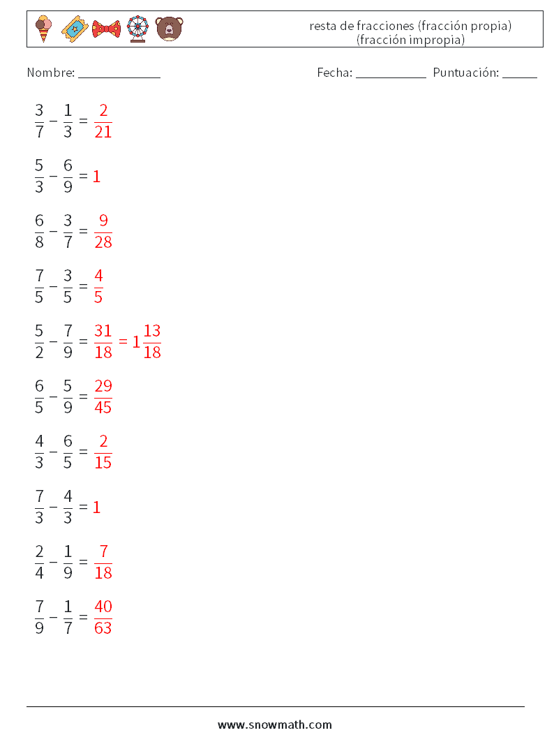 (10) resta de fracciones (fracción propia) (fracción impropia) Hojas de trabajo de matemáticas 7 Pregunta, respuesta