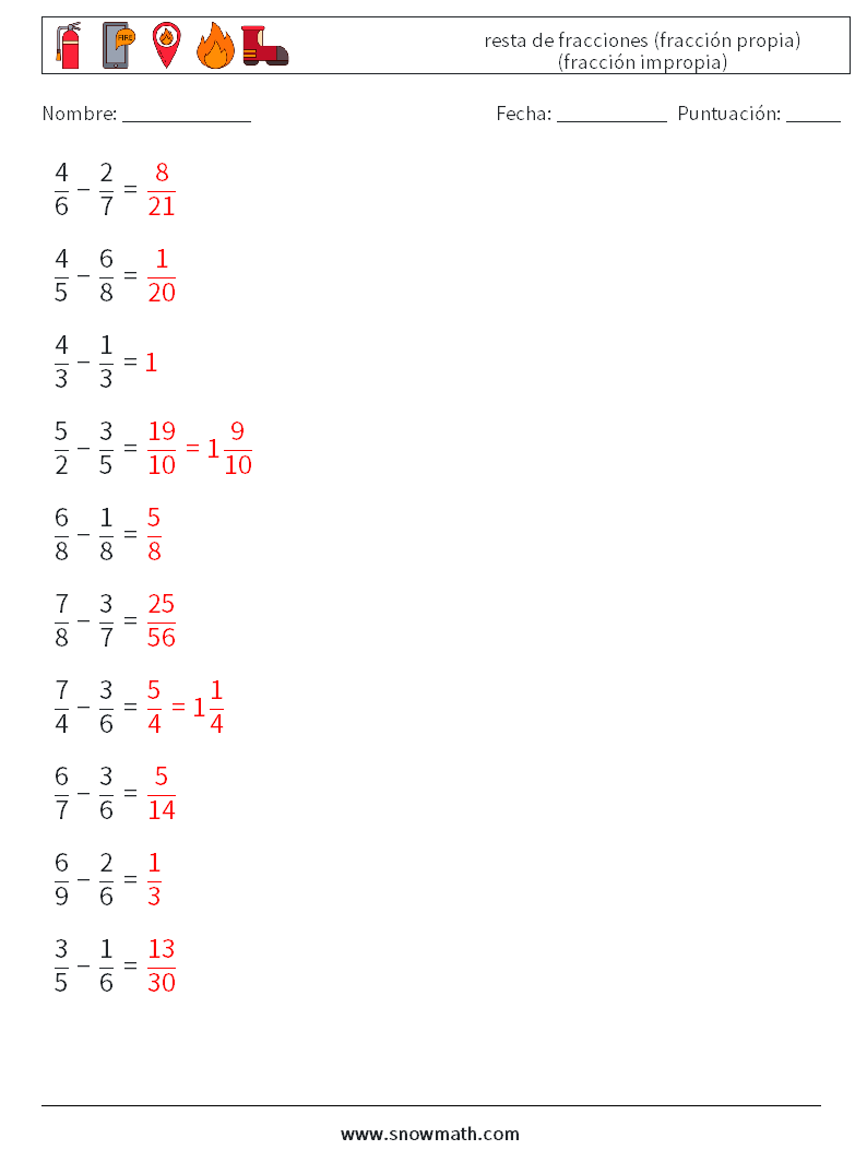 (10) resta de fracciones (fracción propia) (fracción impropia) Hojas de trabajo de matemáticas 8 Pregunta, respuesta