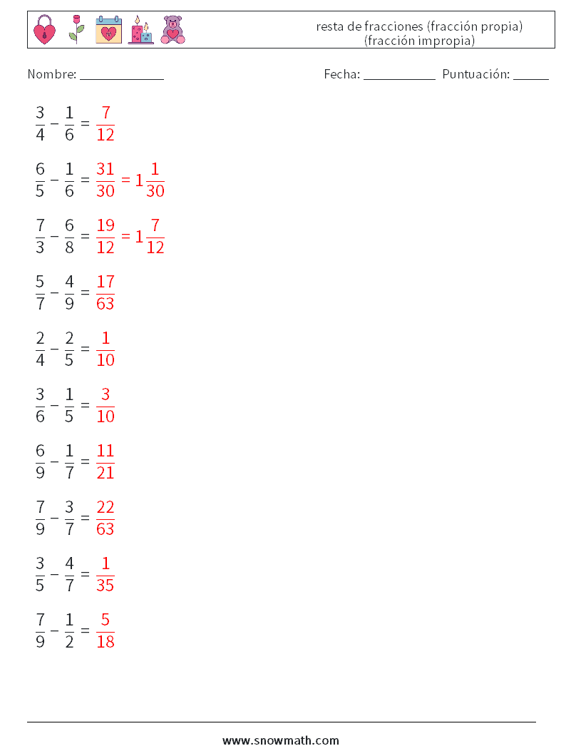 (10) resta de fracciones (fracción propia) (fracción impropia) Hojas de trabajo de matemáticas 9 Pregunta, respuesta