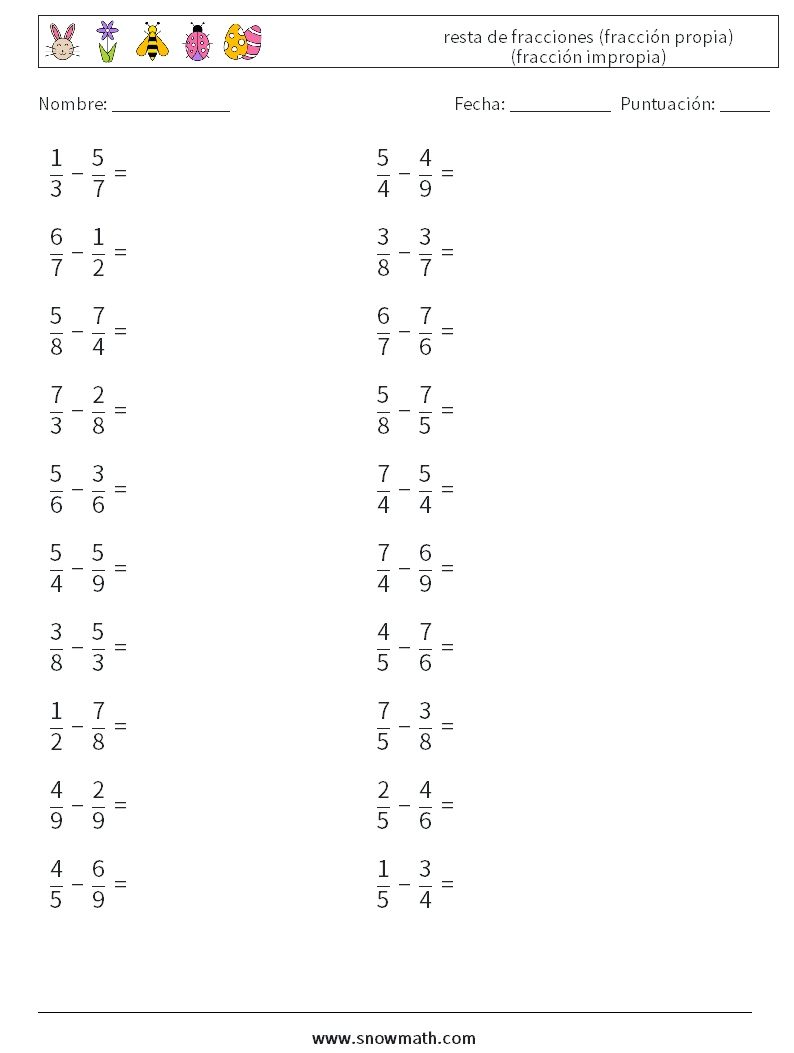 (20) resta de fracciones (fracción propia) (fracción impropia) Hojas de trabajo de matemáticas 1