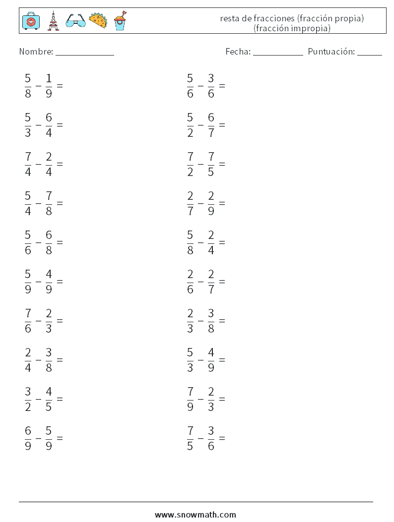 (20) resta de fracciones (fracción propia) (fracción impropia) Hojas de trabajo de matemáticas 7