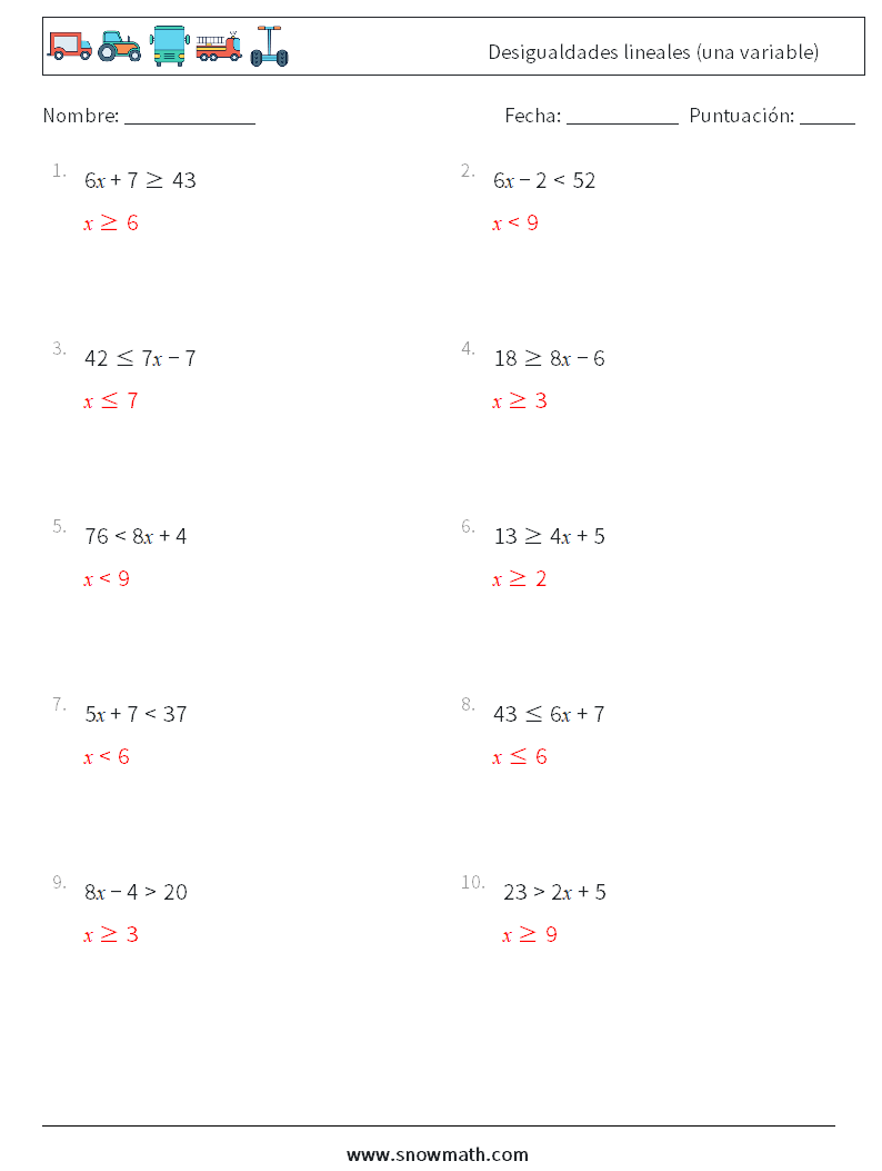 Desigualdades lineales (una variable) Hojas de trabajo de matemáticas 1 Pregunta, respuesta